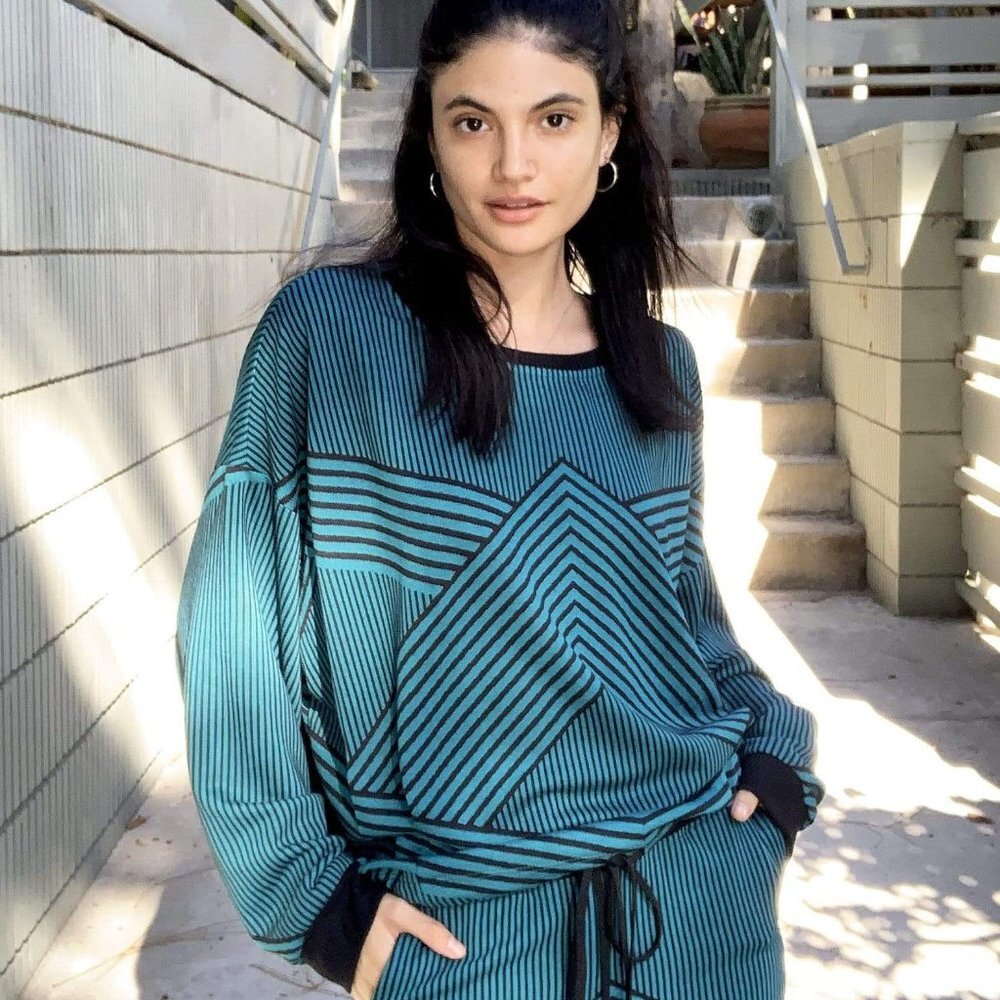 Eva Franco Lounge Knit Sweatshirt Teal and Black Oversized Striped